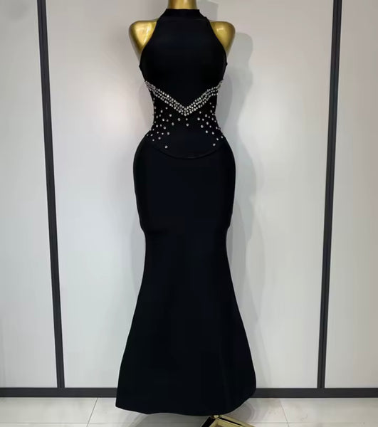 Women Sleeveless Rhinestone Patchwork Black Maxi Dress