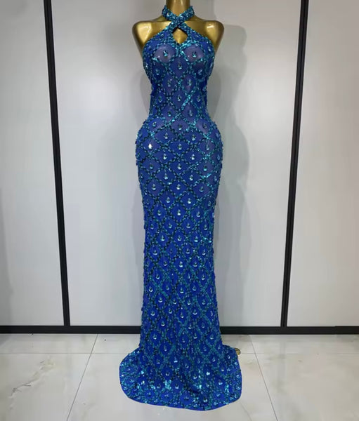 Women Blue Halter Sleeveless Sexy See Through Maxi Dress