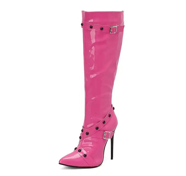 Women Color Buckled Fashion High Heel Knee High Boots