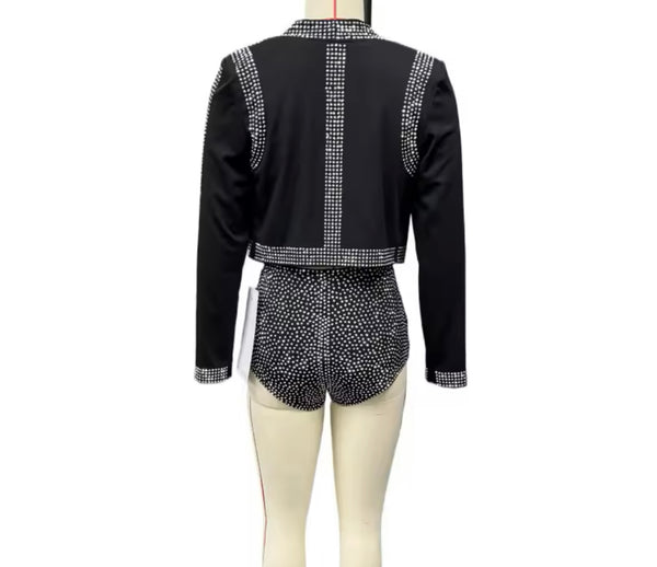 Women Sexy Black Bling Jacket Three Piece Short Set
