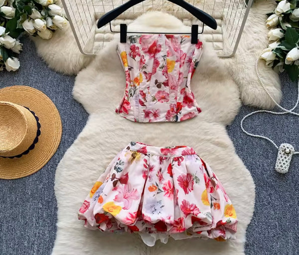 Women Sexy Colorful Floral Strapless Two Piece Skirt Set