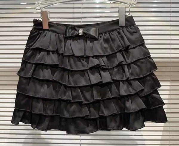 Women Fashion Color Ruffled Bow Skirt