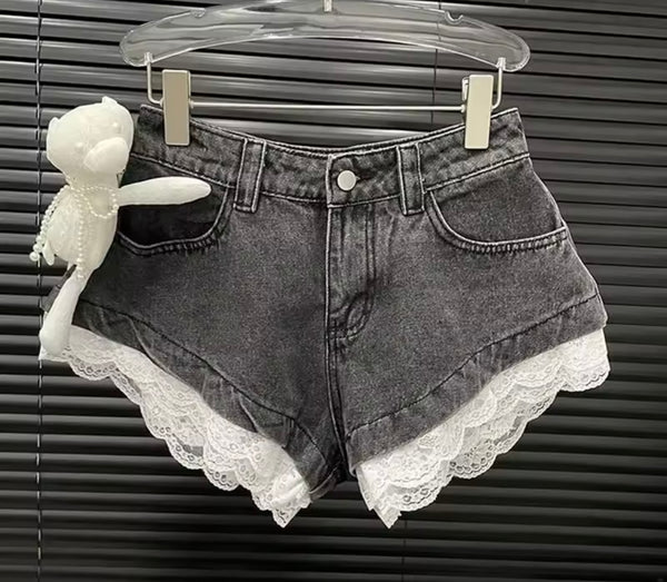 Women Fashion Bow Lace Patchwork Denim Shorts