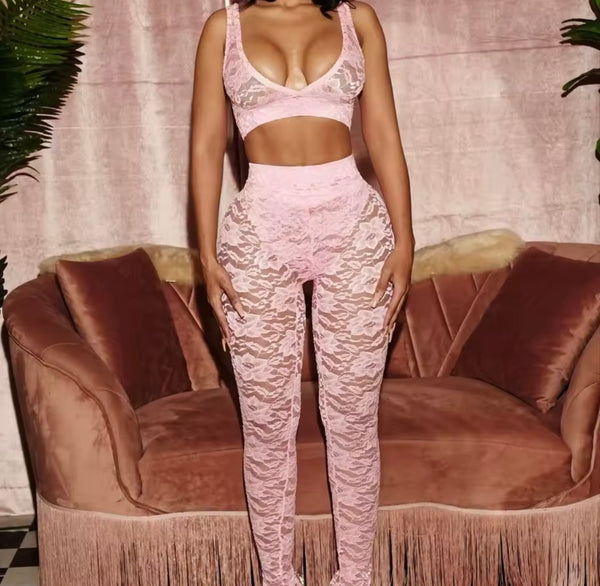 Women Sexy Sleeveless Color Crop Lace Two Piece Pant Set