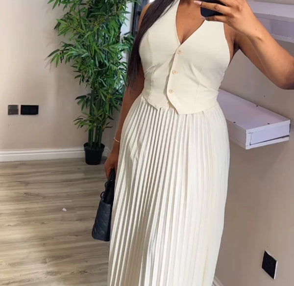 Women Sexy Button Up Sleeveless Vest Two Piece Pleated Skirt Set