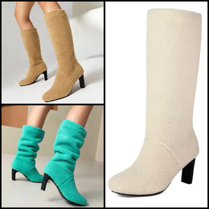 Women Color Fashion Wool High Heel Boots