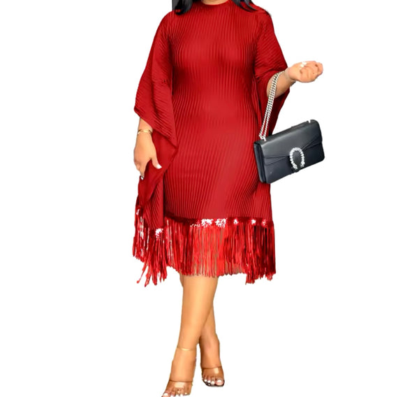 Women Sexy Short Sleeve Sequins Tassel Dress