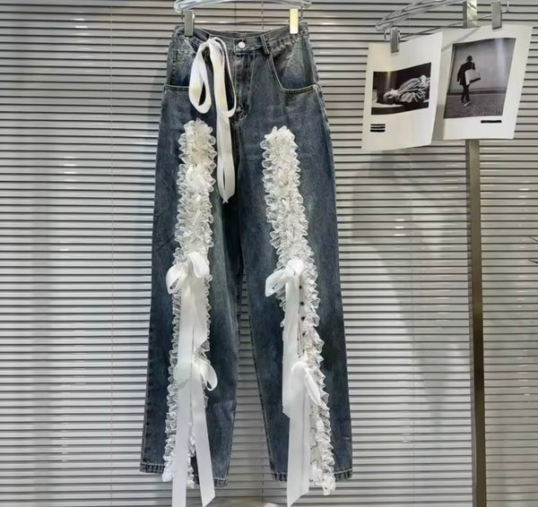 Women Fashion White Lace Bow Denim Pants