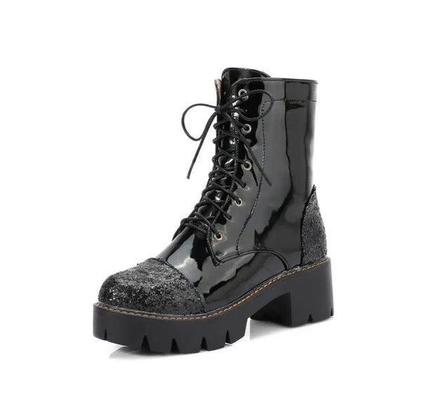 Women Fashion Patent Leather Sequins Patchwork Lace Up Ankle Boots