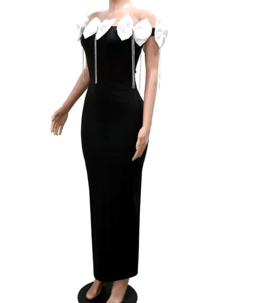 Women Sexy B&W Bow Crystal Tassel Off The Shoulder Maxi Dress