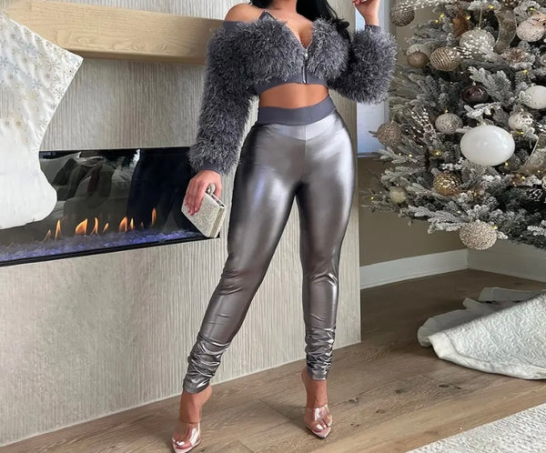 Women Sexy Two Piece Faux Fur Zip Up Full Sleeve PU Pant Set