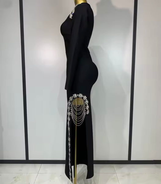 Women Black Rhinestone Floral Chain Full Sleeve Side Split Maxi Dress