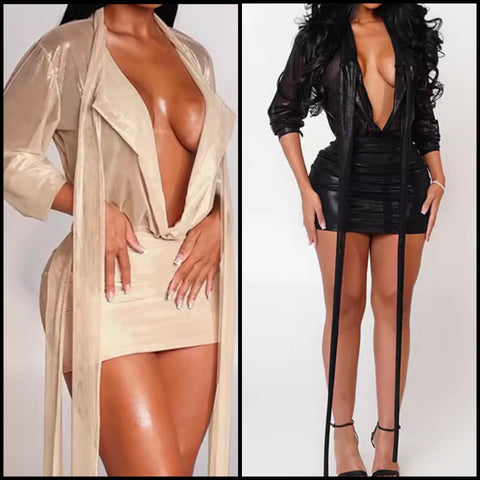 Women Sexy Deep V-Neck Tassel Ruched Full Sleeve Dress