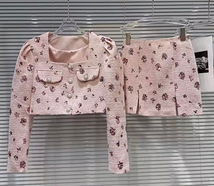 Women Pink Printed Sequins Full Sleeve Two Piece Skirt Set
