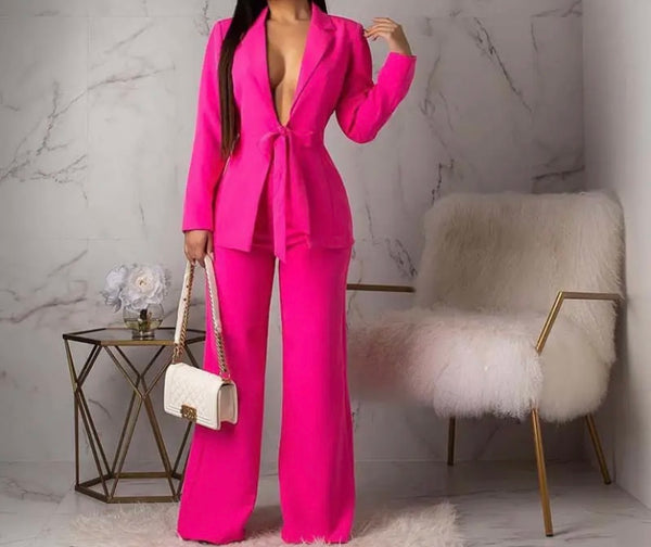 Women Solid Color Sexy Full Sleeve Blazer Two Piece Pant Set