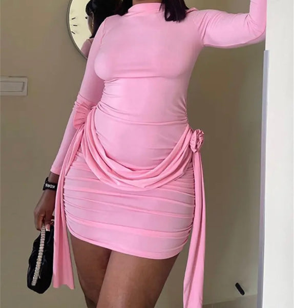 Women Sexy Solid Color Full Sleeve Rose Dress