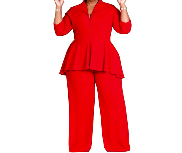Women Color Ruffled Zip Up Full Sleeve Two Piece Plus Size Pant Set