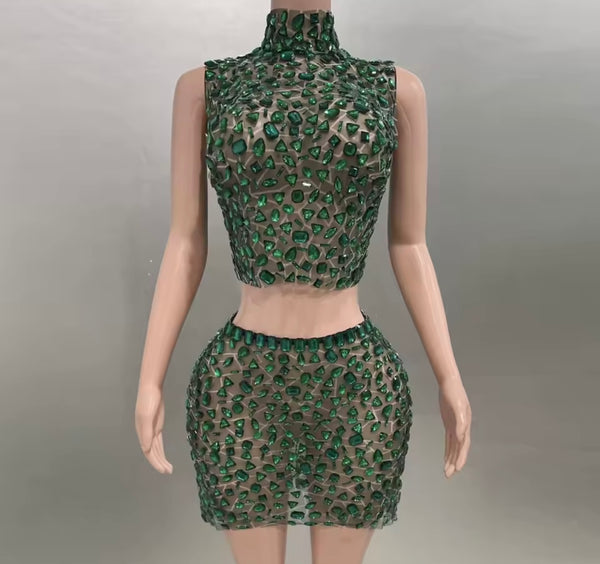 Women Sexy Sleeveless Green Crystal Mesh Two Piece Skirt Set