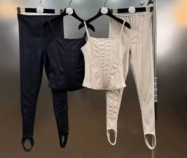 Women Fishbone Sleeveless Camisole Two Piece Pant Set
