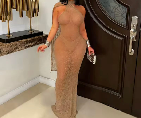 Women Sexy Lace Halter Open Back Sleeveless Maxi Dress