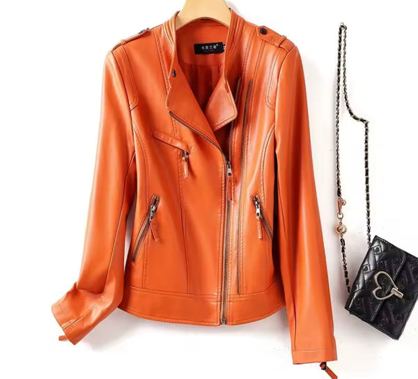 Women Color Fashion Faux Leather Jacket