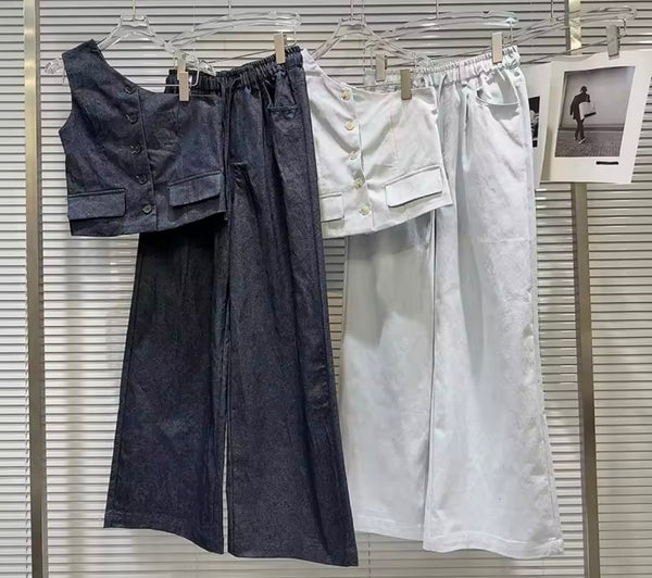 Women Fashion Button Up One Shoulder Two Piece Wide Leg Pant Set