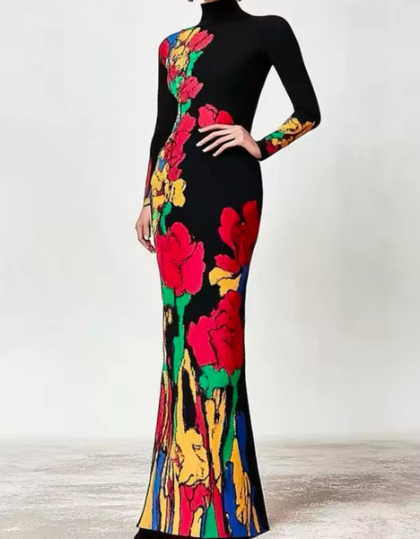 Women Black Multicolored Floral Print Turtleneck Full Sleeve Maxi Dress