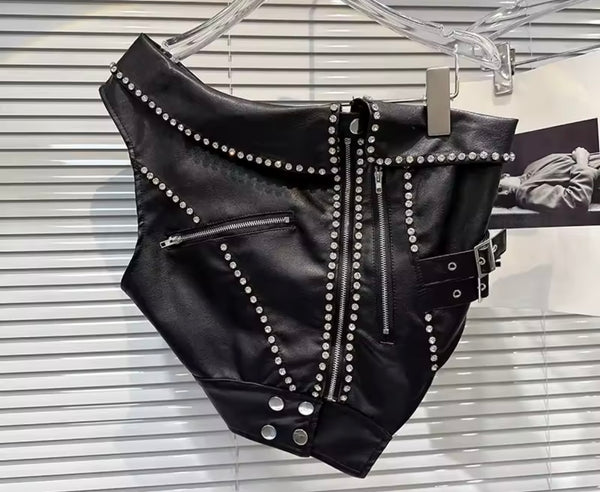 Women One Shoulder Zip Up Buckled Rhinestone Faux Leather Top