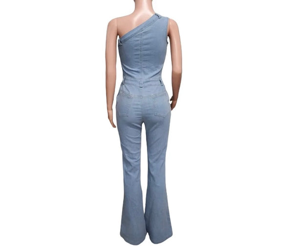 Women Sexy Fashion Buckled One Shoulder Denim Jumpsuit