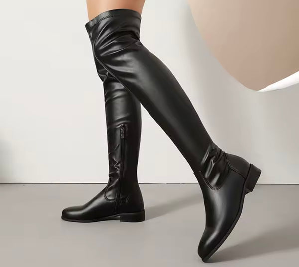 Women Color Over The Knee Flat Fashion Faux Leather Boots