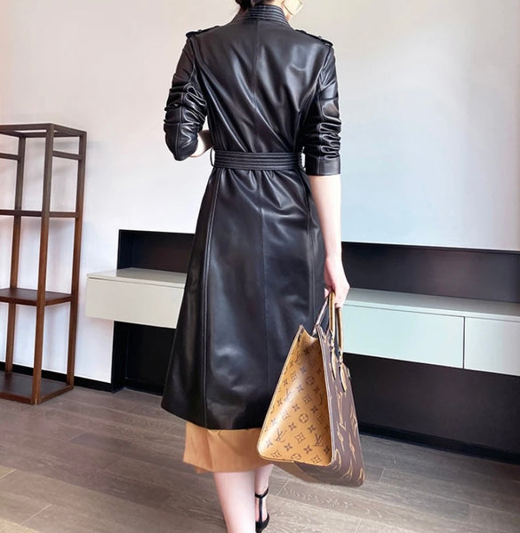 Women Fashion Color Faux Leather Belted Trench Jacket