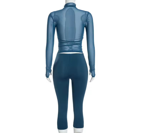 Women Turtleneck Mesh Full Sleeve Crop Two Size Capri Pant Set