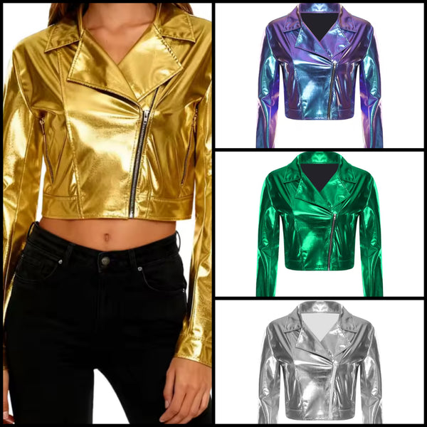Women Fashion Color Zip Up Metallic PU Jacket