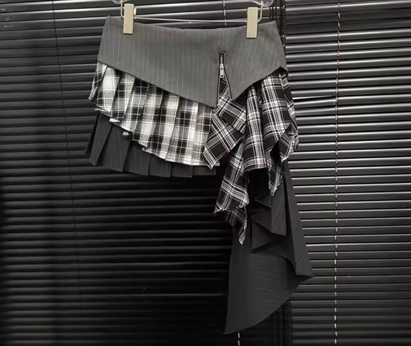 Women Fashion Striped Plaid Pleated Skirt