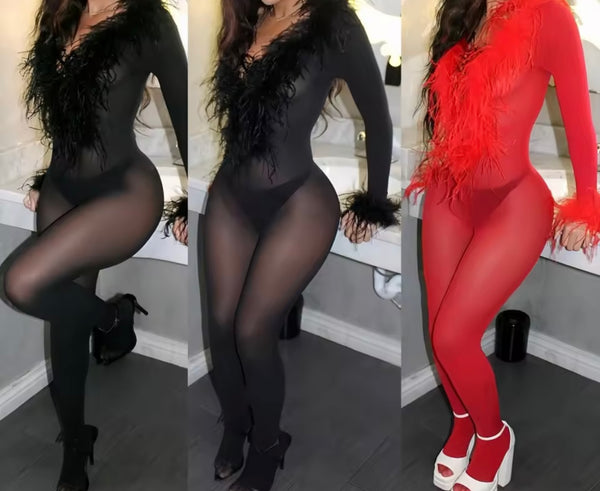 Women Sexy Feather Full Sleeve Mesh Feet In Jumpsuit