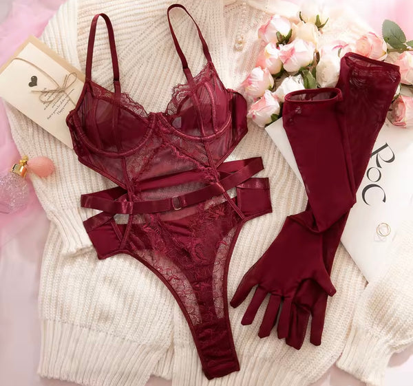 Women Sexy Lace Mesh Glove Bodysuit Lingerie Set