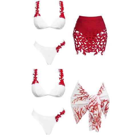 Women Sexy Printed Strap Color Patchwork Bikini Cover Up Set