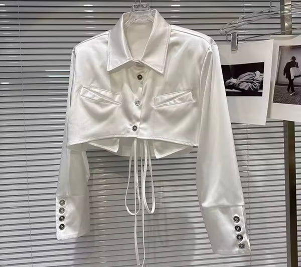 Women Fashion Collar Button Up Satin Full Sleeve Crop Top
