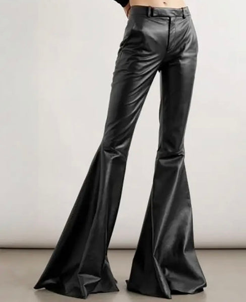 Women Fashion Black PU Wide Leg Pants