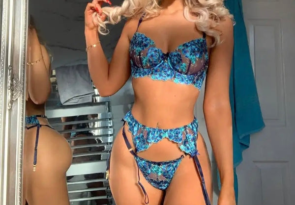 Women Sexy Blue Floral Mesh Lingerie Set