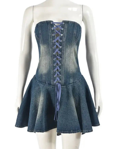 Women Sexy Strapless Lace Up Denim Ruffled Dress
