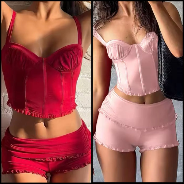 Women Sexy Sleeveless Ruffled Two Piece Short Set