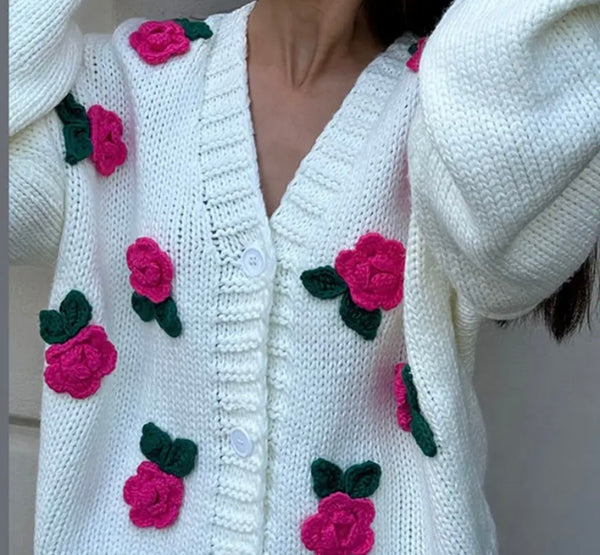 Women V-Neck Button Up 3D Floral Fashion Full Sleeve Sweater Top