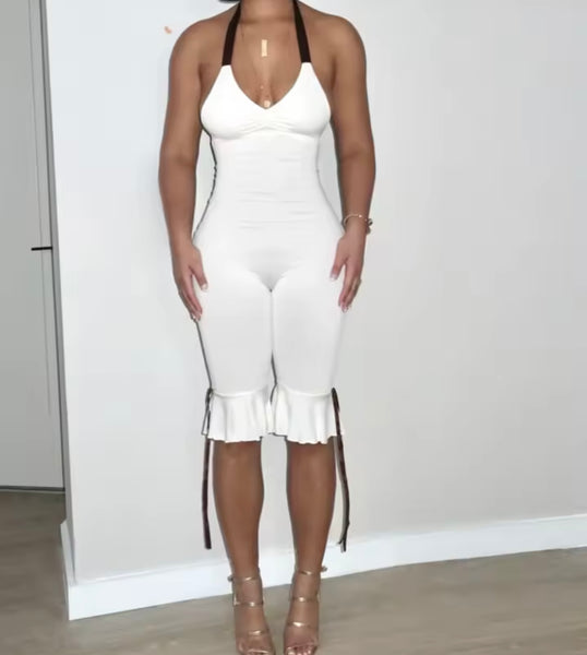 Women Sexy White Halter Sleeveless Ruffled Romper