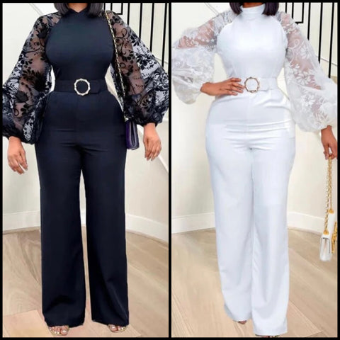 Women Sexy Fashion Lace Full Sleeve Belted Jumpsuit