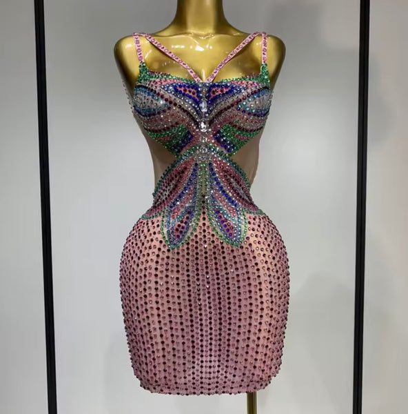 Women Sexy Sleeveless Open Back Color Rhinestone Dress