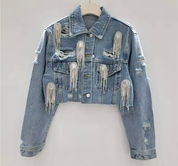 Women Fashion Rhinestone Tassel Denim Jacket Two Piece Skirt Set