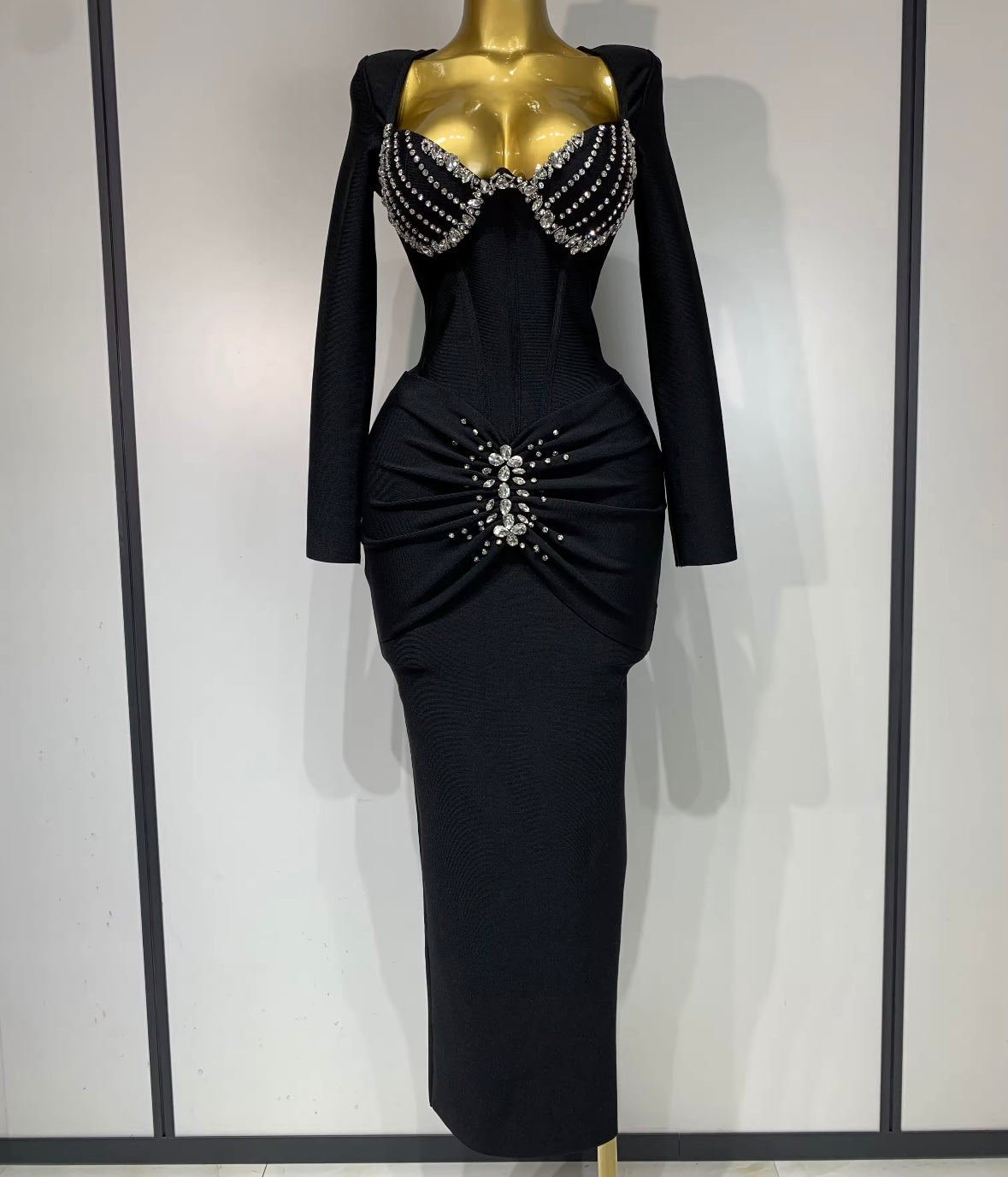 Women Sexy V-neck Bling Full Sleeve Bandage Maxi Dress