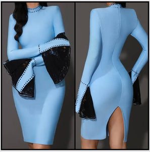 Women Blue Sexy Full Flare Sleeve Dress