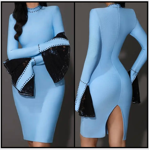 Women Blue Sexy Full Flare Sleeve Dress